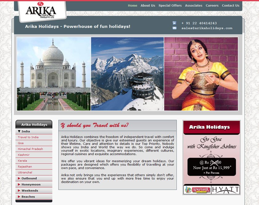 Screenshot Home Page - www.arikaholidays.com